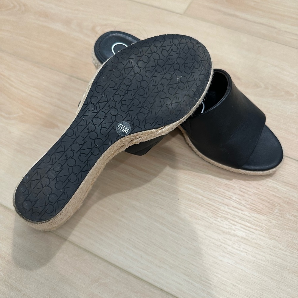 Calvin Klein Black Leather Espadrille Wedge Slides - Picture 2 of 4